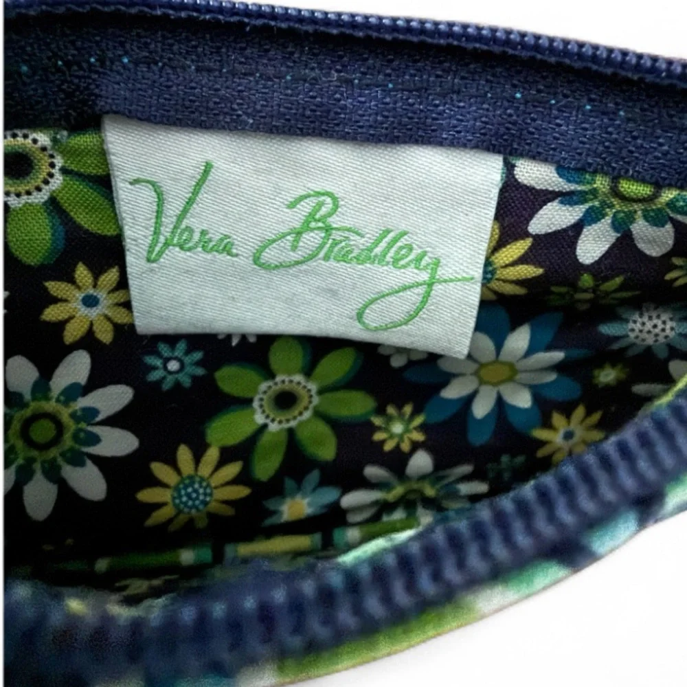 Vera Bradley Blue Green Daisy ID Card Holder Zip Coin Keychain Floral